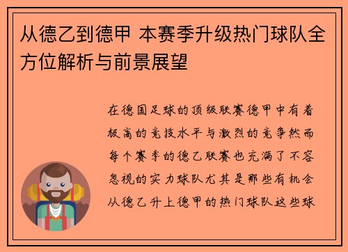 从德乙到德甲 本赛季升级热门球队全方位解析与前景展望