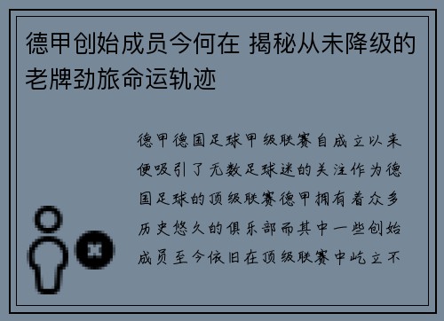 德甲创始成员今何在 揭秘从未降级的老牌劲旅命运轨迹